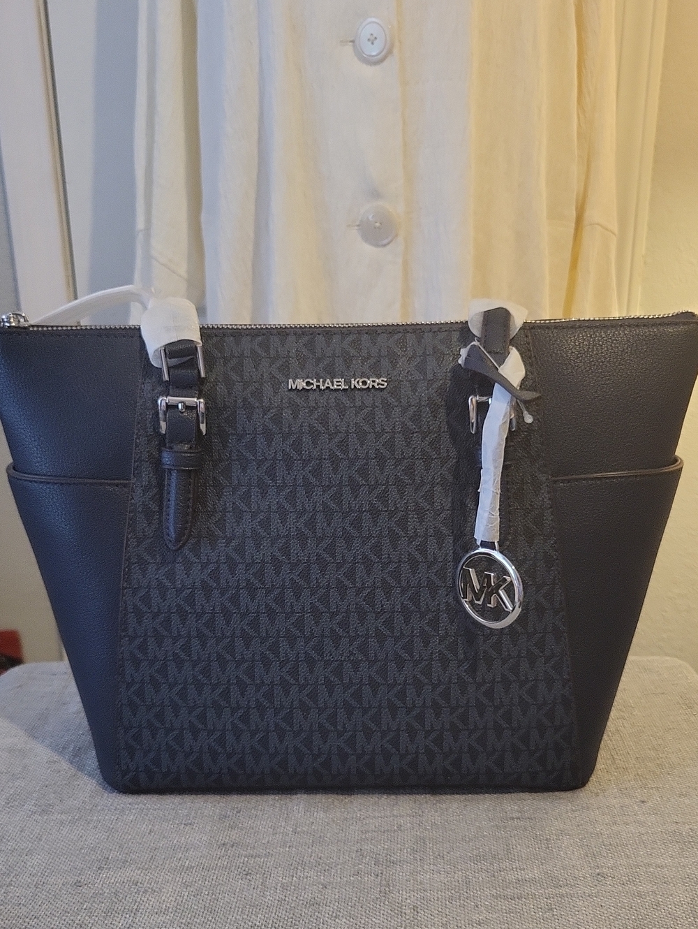Michael Kors Navy MK Logo Tote with Silver Charm And Hardware